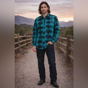 Native Expressions Men's Teal and Black Navajo Print Button down Shirt - Size L